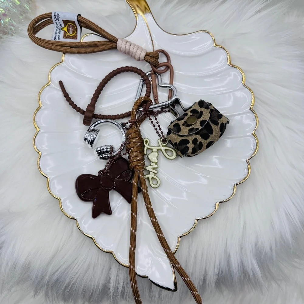 Leopard Print and Brown Bag Charm Keychain Set